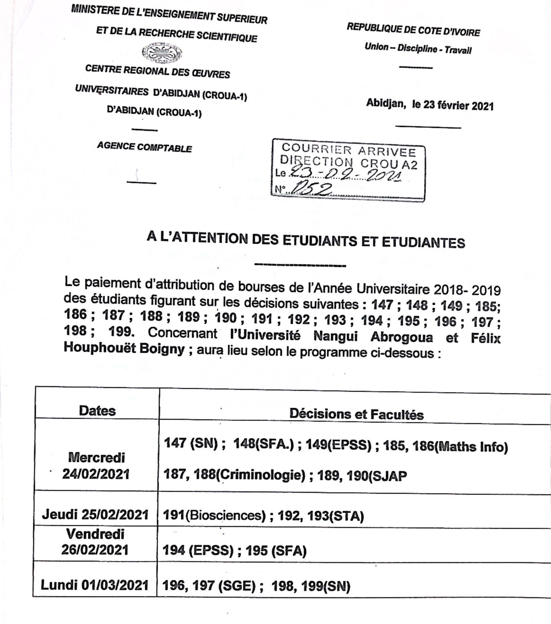 You are currently viewing INFORMATION RELATIVE AU PAIEMENT D&rsquo;ATTRIBUTION DE BOURSES DES ETUDIANTS DE L&rsquo;UNIVERSITE NANGUI ABROGOUA