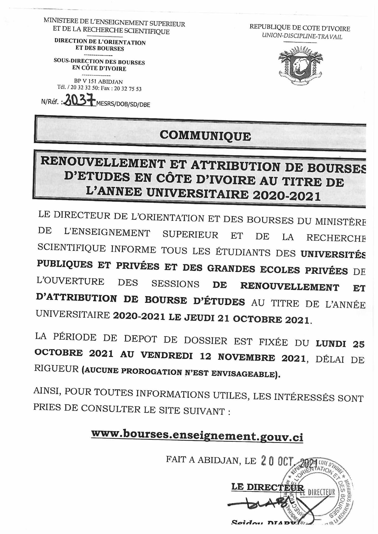 You are currently viewing RENOUVELLEMENT ET ATTRIBUTION DE BOURSES D&rsquo;ETUDES EN COTE D&rsquo;IVOIRE AU TITRE DE L&rsquo;ANNEE UNIVERSITAIRE 2020-2021